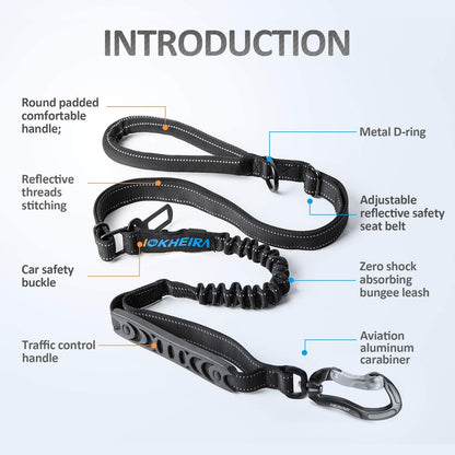 Heavy-Duty Multifunctional Tactical Dog Leash - 4-6 FT Adjustable Bungee Lead with Car Seatbelt and Shock Absorption for Large and Medium Dogs