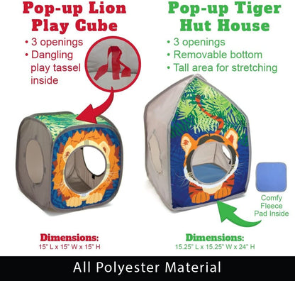Safari Jungle Cat Play Set: Collapsible Pop-Up Interactive Cat Toys Combo with Cube, Tunnel, and Hideout for Indoor Exercise and Relaxation