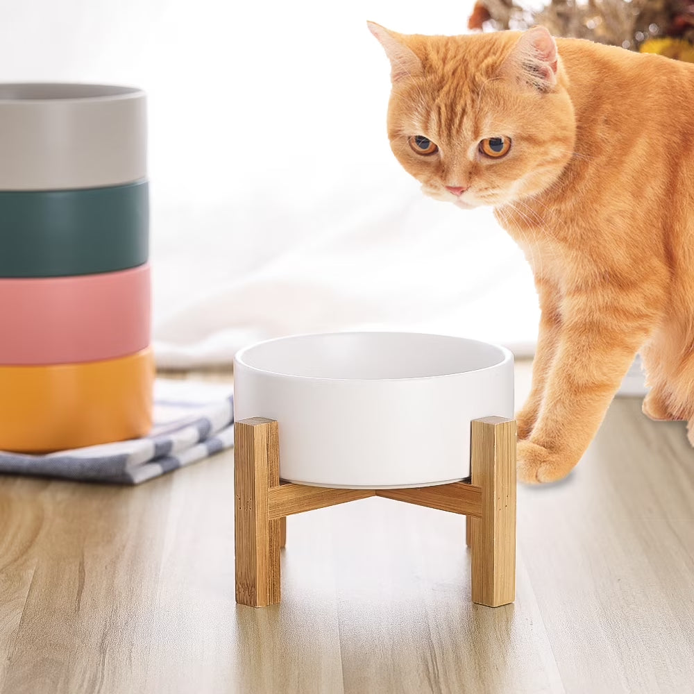 Lionwei Elevated Ceramic Pet Bowl with Non-Slip Wooden Stand for Cats and Dogs