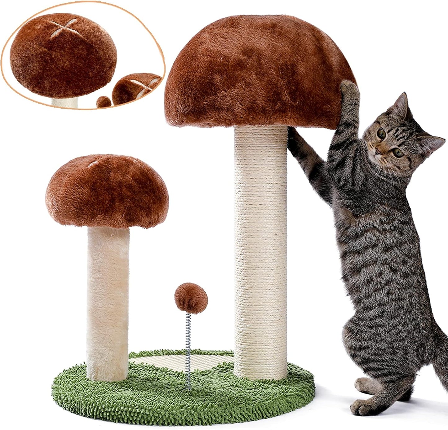 Mushroom-Shaped Cat Scratching Post with Interactive Toy Ball, Natural Sisal Design for Kittens and Small Cats