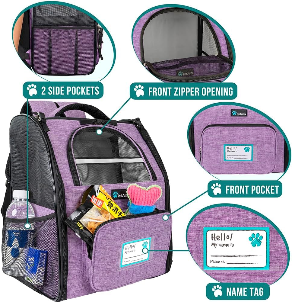 Pet Backpack Carrier for Small to Medium Dogs and Large Cats up to 18 lbs, Dual Side Entry, Sturdy Frame, Airline Approved Ventilated Design for Hiking and Travel, Purple