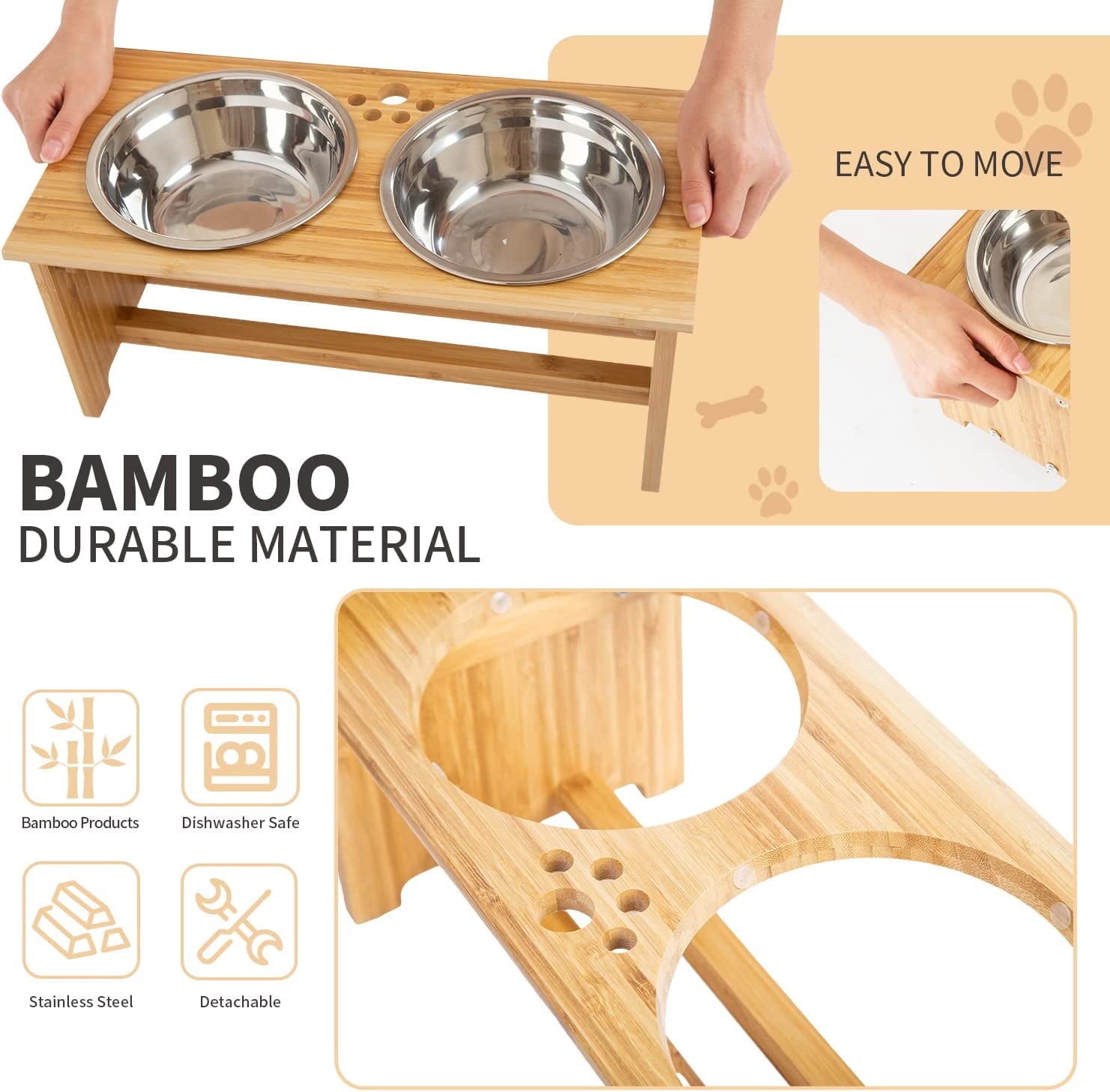 Elevated Bamboo Pet Feeding Station for Cats and Small Dogs with Two Stainless Steel Bowls and Anti-Slip Feet (4" Height, 20 Oz Capacity)