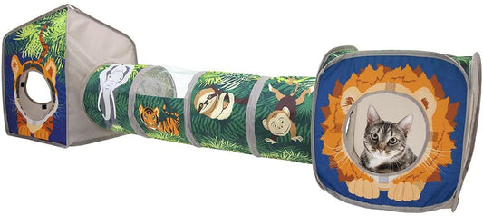 Safari Jungle Cat Play Set: Collapsible Pop-Up Interactive Cat Toys Combo with Cube, Tunnel, and Hideout for Indoor Exercise and Relaxation