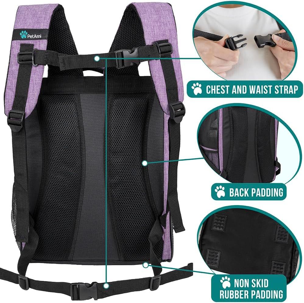 Pet Backpack Carrier for Small to Medium Dogs and Large Cats up to 18 lbs, Dual Side Entry, Sturdy Frame, Airline Approved Ventilated Design for Hiking and Travel, Purple