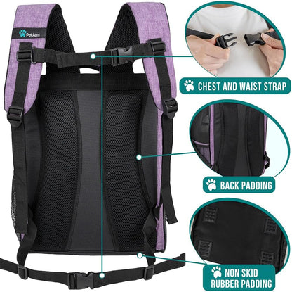 Pet Backpack Carrier for Small to Medium Dogs and Large Cats up to 18 lbs, Dual Side Entry, Sturdy Frame, Airline Approved Ventilated Design for Hiking and Travel, Purple