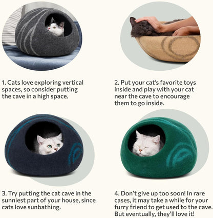 Premium Handmade Merino Wool Cat Cave - Large Indoor Felt Bed in Light Gray