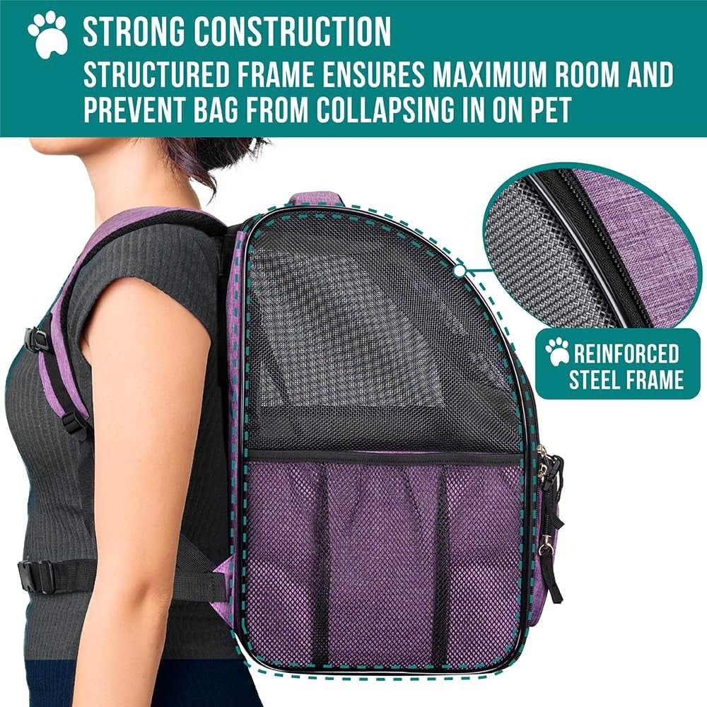 Pet Backpack Carrier for Small to Medium Dogs and Large Cats up to 18 lbs, Dual Side Entry, Sturdy Frame, Airline Approved Ventilated Design for Hiking and Travel, Purple