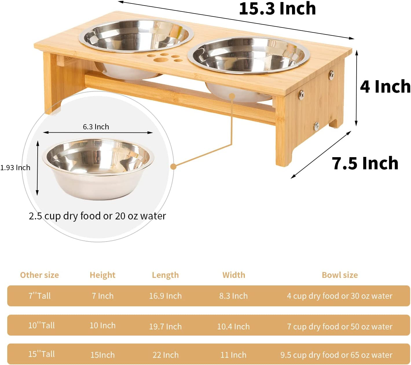 Elevated Bamboo Pet Feeding Station for Cats and Small Dogs with Two Stainless Steel Bowls and Anti-Slip Feet (4" Height, 20 Oz Capacity)