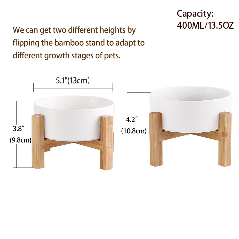Lionwei Elevated Ceramic Pet Bowl with Non-Slip Wooden Stand for Cats and Dogs