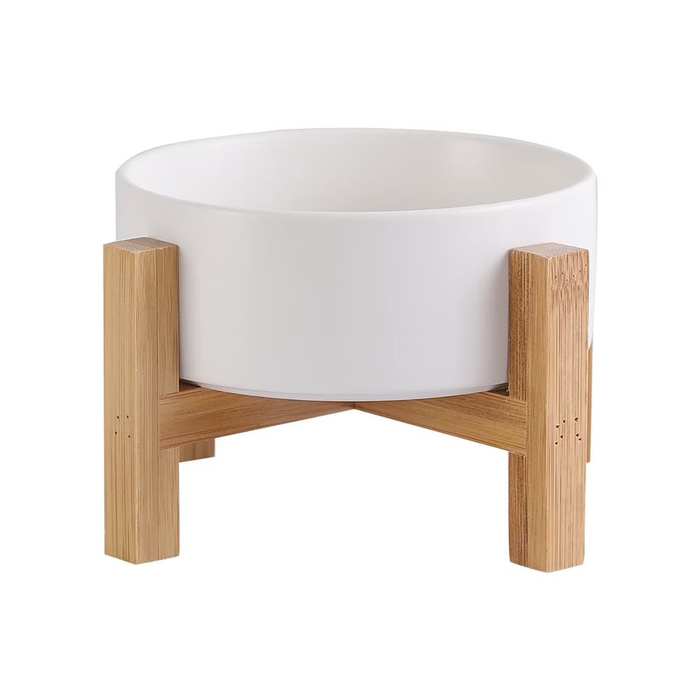Lionwei Elevated Ceramic Pet Bowl with Non-Slip Wooden Stand for Cats and Dogs