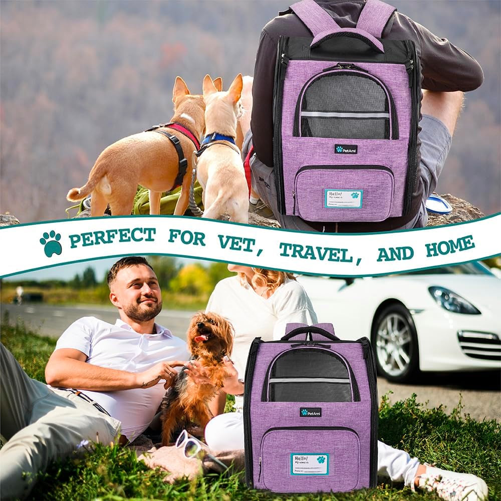 Pet Backpack Carrier for Small to Medium Dogs and Large Cats up to 18 lbs, Dual Side Entry, Sturdy Frame, Airline Approved Ventilated Design for Hiking and Travel, Purple