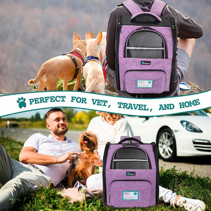 Pet Backpack Carrier for Small to Medium Dogs and Large Cats up to 18 lbs, Dual Side Entry, Sturdy Frame, Airline Approved Ventilated Design for Hiking and Travel, Purple