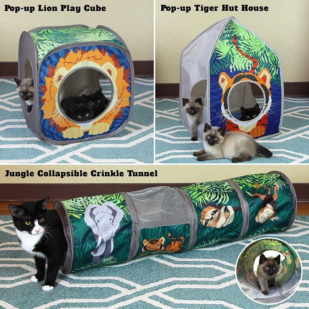 Safari Jungle Cat Play Set: Collapsible Pop-Up Interactive Cat Toys Combo with Cube, Tunnel, and Hideout for Indoor Exercise and Relaxation