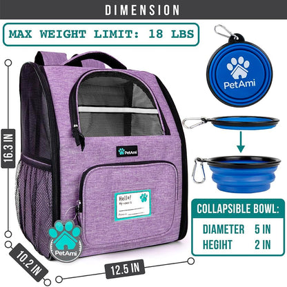 Pet Backpack Carrier for Small to Medium Dogs and Large Cats up to 18 lbs, Dual Side Entry, Sturdy Frame, Airline Approved Ventilated Design for Hiking and Travel, Purple