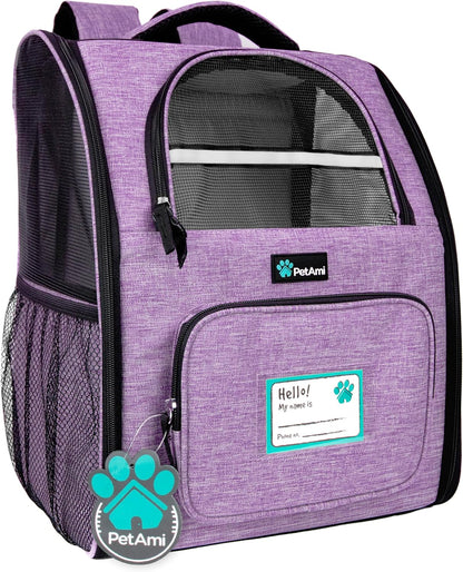 Pet Backpack Carrier for Small to Medium Dogs and Large Cats up to 18 lbs, Dual Side Entry, Sturdy Frame, Airline Approved Ventilated Design for Hiking and Travel, Purple