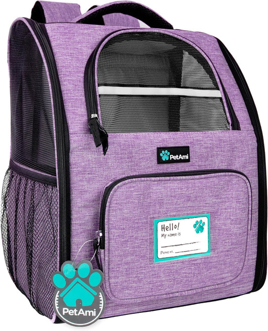 Pet Backpack Carrier for Small to Medium Dogs and Large Cats up to 18 lbs, Dual Side Entry, Sturdy Frame, Airline Approved Ventilated Design for Hiking and Travel, Purple