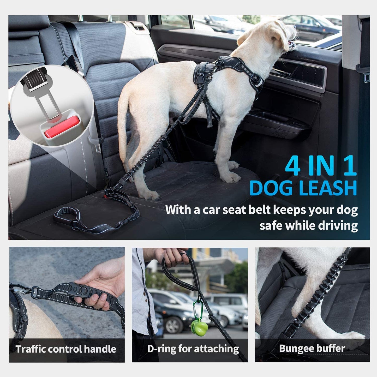 Heavy-Duty Multifunctional Tactical Dog Leash - 4-6 FT Adjustable Bungee Lead with Car Seatbelt and Shock Absorption for Large and Medium Dogs