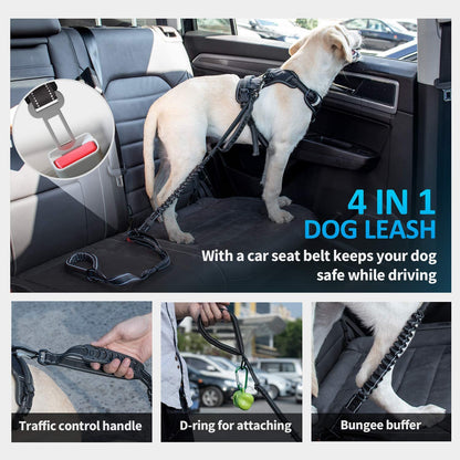 Heavy-Duty Multifunctional Tactical Dog Leash - 4-6 FT Adjustable Bungee Lead with Car Seatbelt and Shock Absorption for Large and Medium Dogs