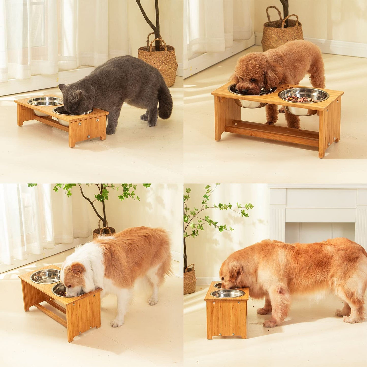 Elevated Bamboo Pet Feeding Station for Cats and Small Dogs with Two Stainless Steel Bowls and Anti-Slip Feet (4" Height, 20 Oz Capacity)