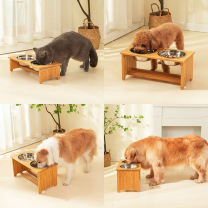 Elevated Bamboo Pet Feeding Station for Cats and Small Dogs with Two Stainless Steel Bowls and Anti-Slip Feet (4" Height, 20 Oz Capacity)