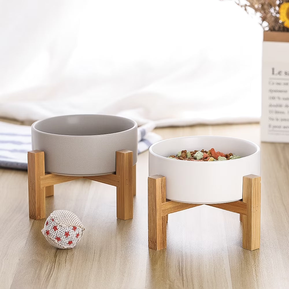 Lionwei Elevated Ceramic Pet Bowl with Non-Slip Wooden Stand for Cats and Dogs