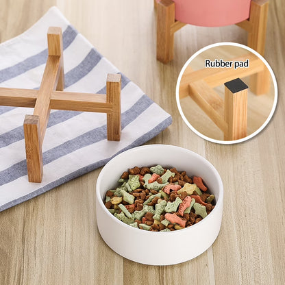 Lionwei Elevated Ceramic Pet Bowl with Non-Slip Wooden Stand for Cats and Dogs