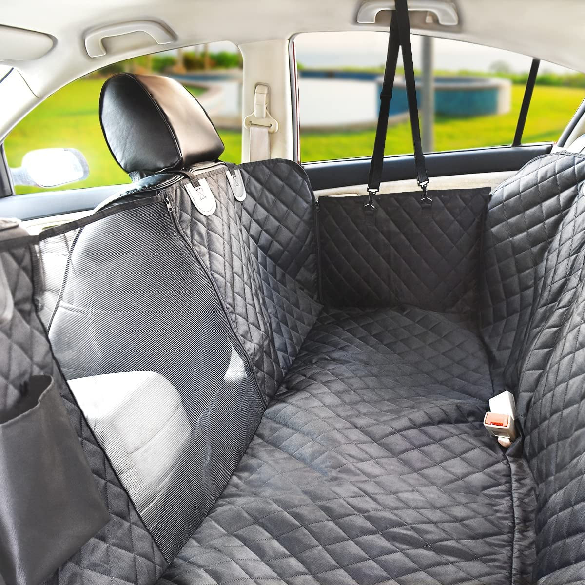 Premium Waterproof Dog Car Seat Cover for Back Seat with Mesh Window, Scratch-Resistant Anti-Slip Hammock Design