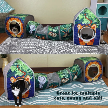 Safari Jungle Cat Play Set: Collapsible Pop-Up Interactive Cat Toys Combo with Cube, Tunnel, and Hideout for Indoor Exercise and Relaxation