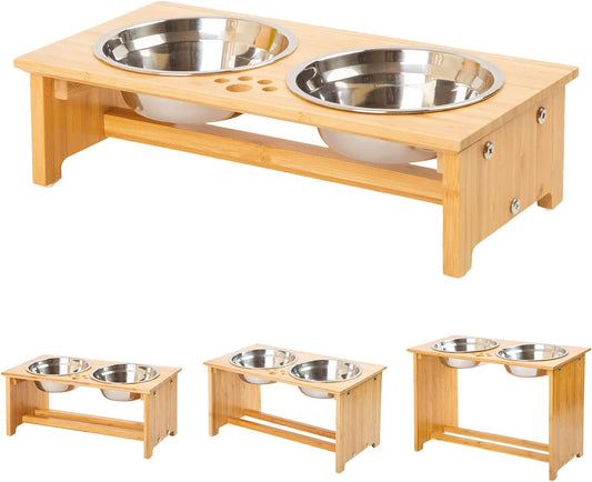Elevated Bamboo Pet Feeding Station for Cats and Small Dogs with Two Stainless Steel Bowls and Anti-Slip Feet (4" Height, 20 Oz Capacity)