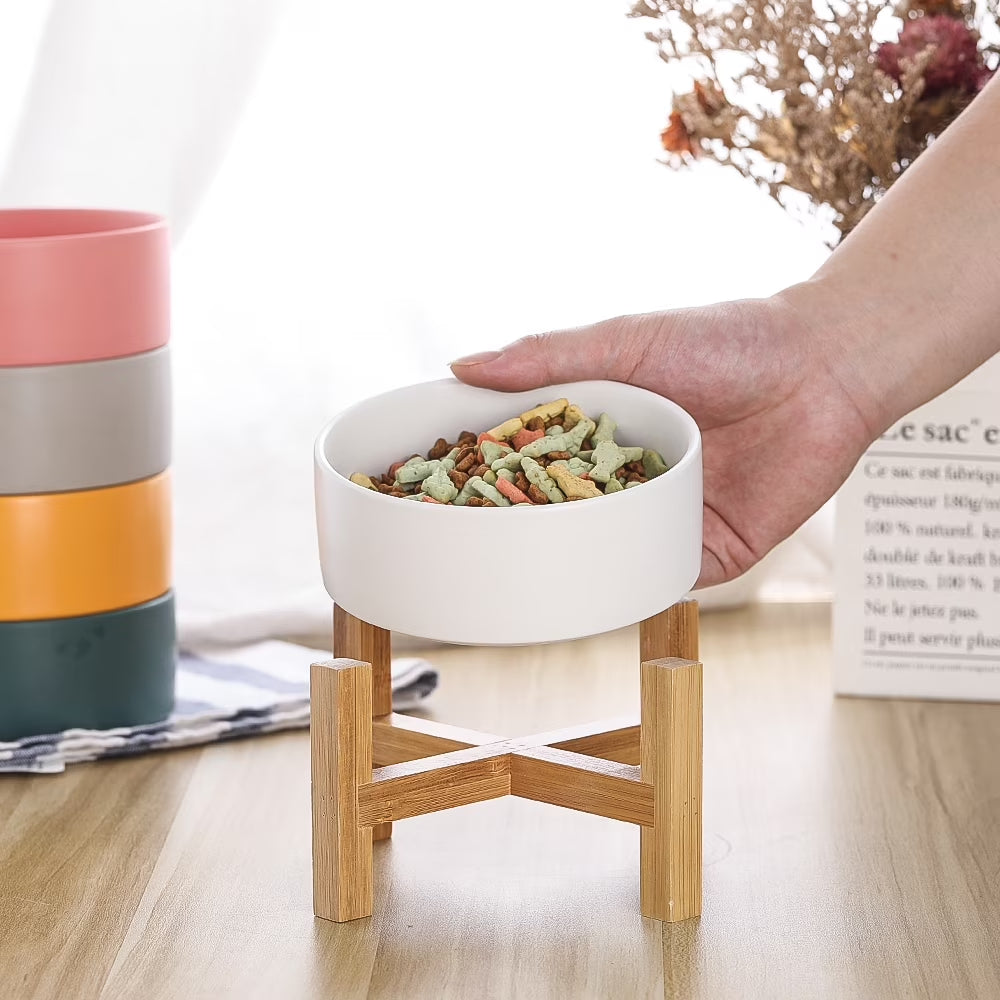Lionwei Elevated Ceramic Pet Bowl with Non-Slip Wooden Stand for Cats and Dogs