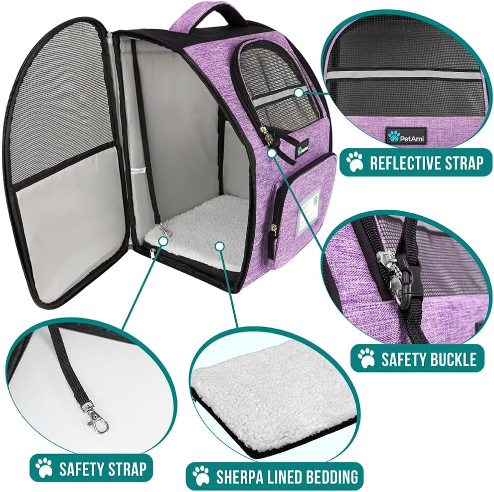 Pet Backpack Carrier for Small to Medium Dogs and Large Cats up to 18 lbs, Dual Side Entry, Sturdy Frame, Airline Approved Ventilated Design for Hiking and Travel, Purple