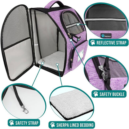 Pet Backpack Carrier for Small to Medium Dogs and Large Cats up to 18 lbs, Dual Side Entry, Sturdy Frame, Airline Approved Ventilated Design for Hiking and Travel, Purple